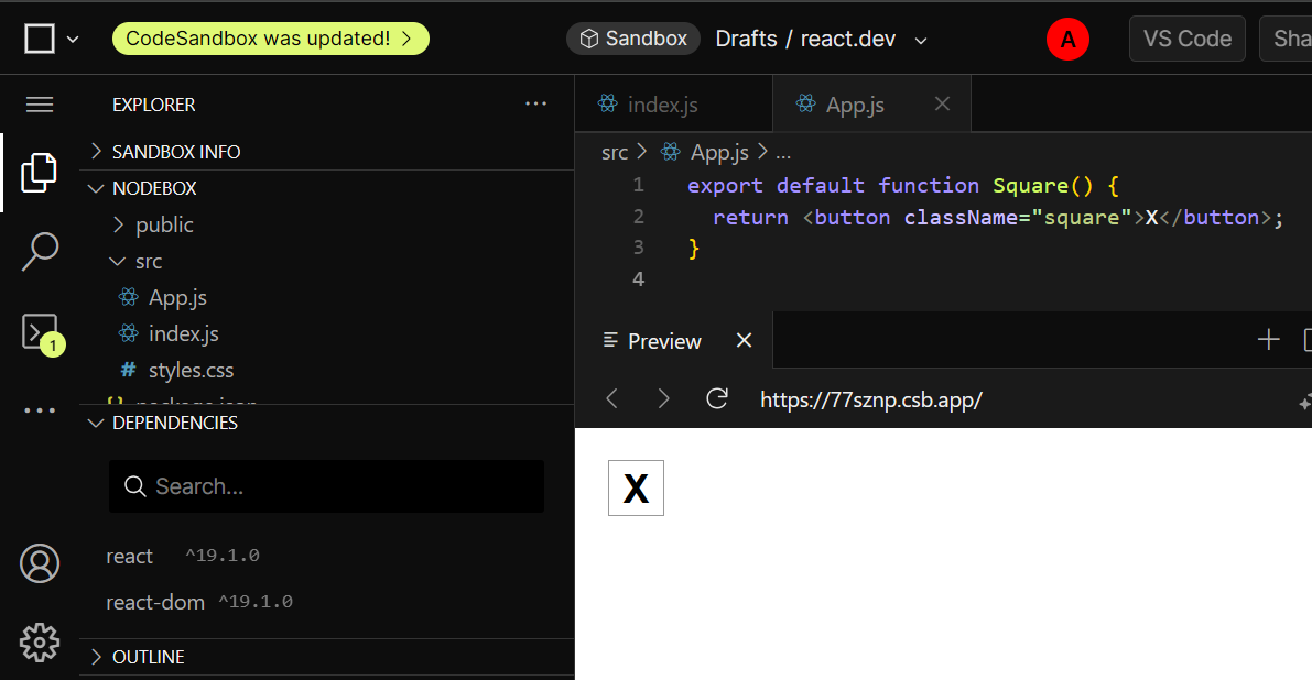 Başlangıç kodu ile CodeSandbox
